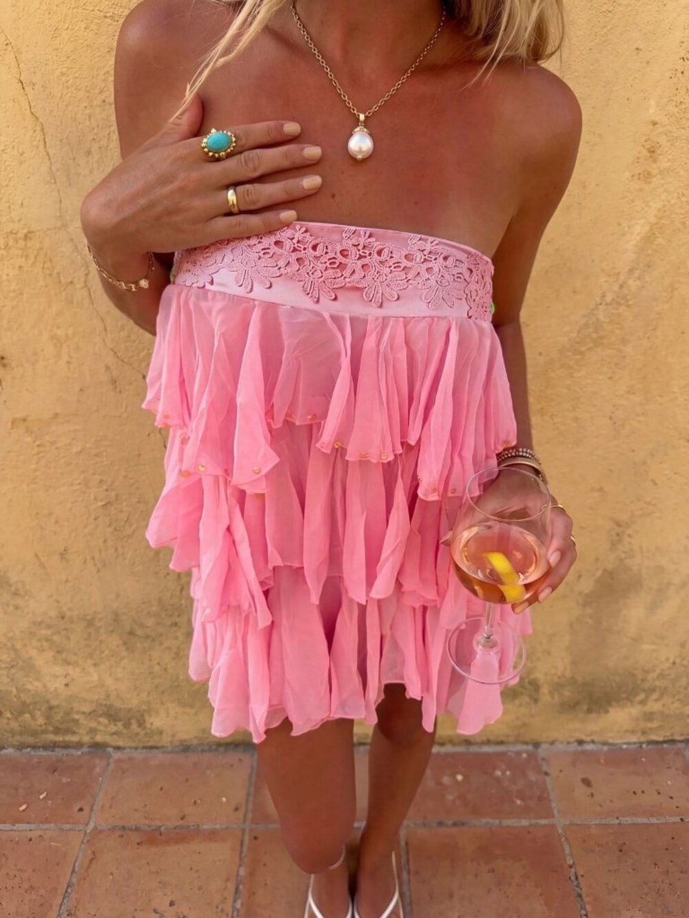 Pink Casual Women's Elegant Ruffle Strapless Dress - Picture 2 of 5